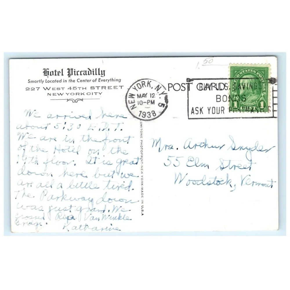 Vintage Postcard Hotel Piccadilly 227 West 45th Street New York City Posted 1938